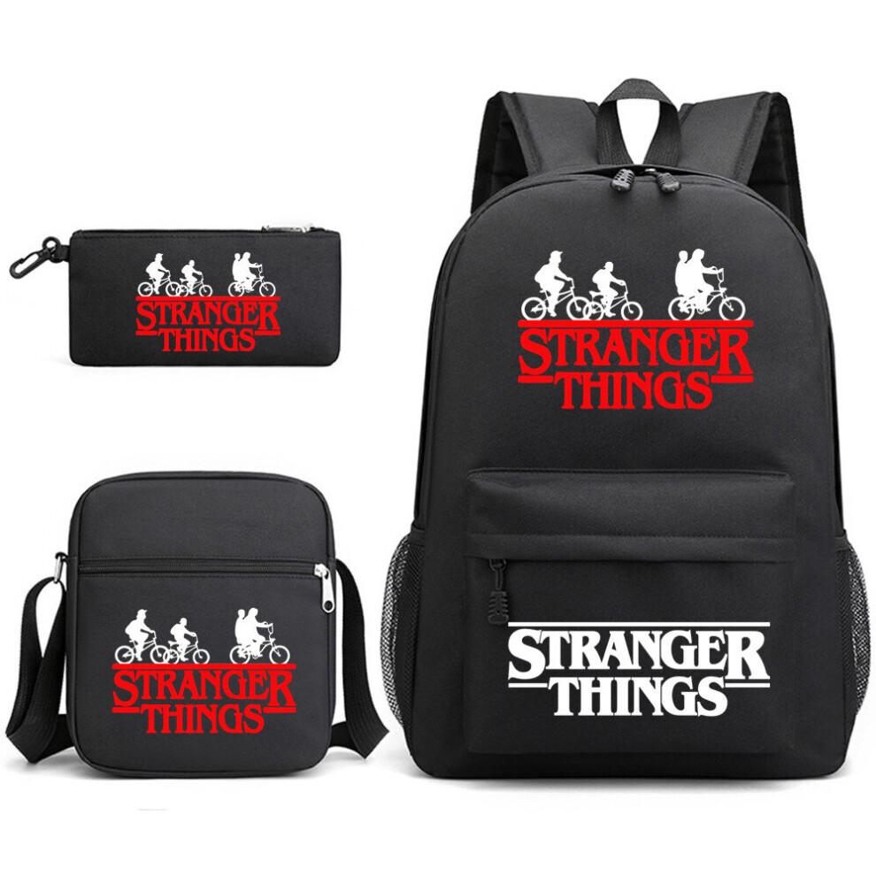 ( 2) Stranger Things Backpack 3Pcs Student School Bag Black