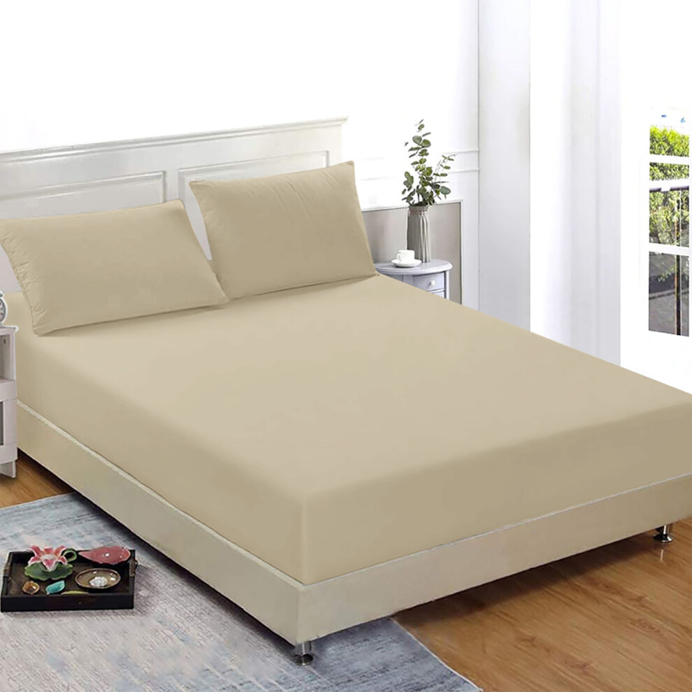 (Beige, Single) Extra Deep 40cm Fitted Sheet Mattress Bed Elastic Sheets OR Pillowcases-image-OPC-PCCCRYB-NEW