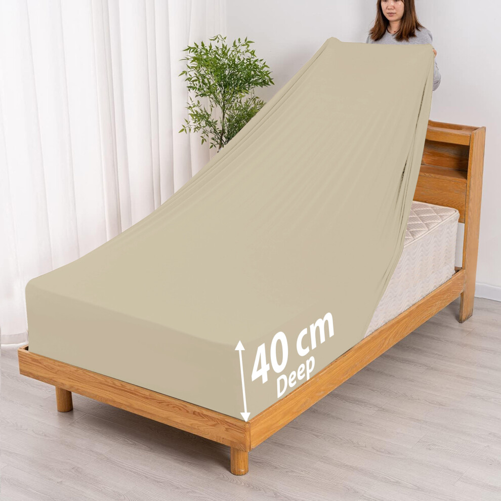 (Beige, Super King) Extra Deep 40cm Fitted Sheet Mattress Bed Elastic Sheets OR Pillowcases