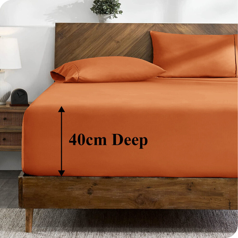 (Rust Orange, Double) Extra Deep 40cm Fitted Sheet Mattress Bed Elastic Sheets OR Pillowcases