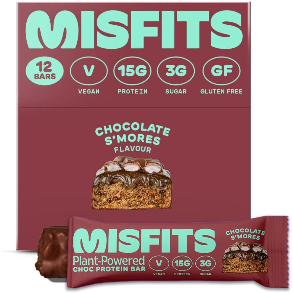 Misfits Vegan Protein Bar, High Protein, Low Sugar, Gluten Free, Plant Based Protein Bar, 12 Pack (Smores)