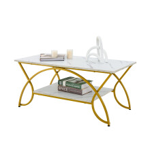Modern 2-Tier Coffee Table Faux Marble Cocktail Table for Living Room