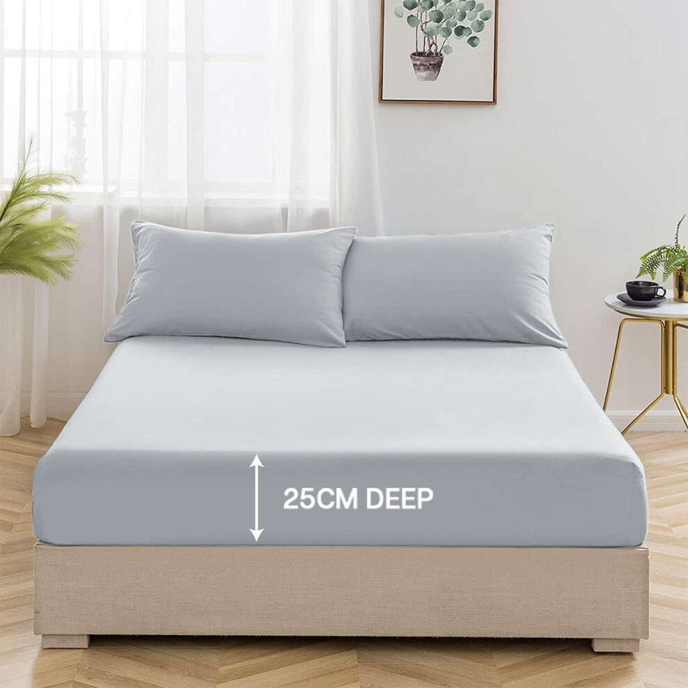 (Silver, Double (137 x 190 cm)) Extra Deep 25cm Fitted Sheet Bed Sheets Single Double King Super King Size