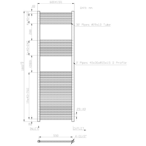 DuraTherm Heated Towel Rail Brushed Brass 1800 x 600mm Flat 1