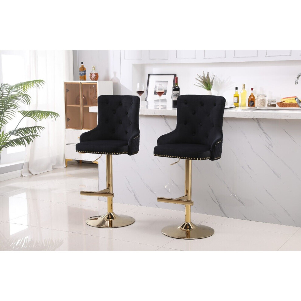 Hygrad Built To Survive (, Set Of 2 ) Luxury Velvet Bar Stools With Lion Knocker Back Rest Padded Breakfast Bar Stools Black