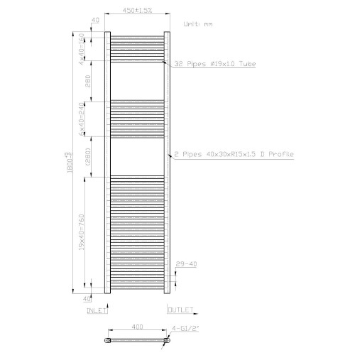 DuraTherm Heated Towel Rail Anthracite 1800 x 450mm Flat 2