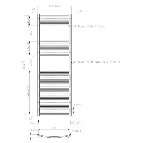 DuraTherm Curved Heated Towel Rail Chrome - 1800 x 600mm 2