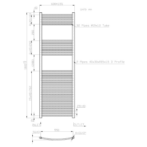 DuraTherm Curved Heated Towel Rail Anthracite - 1800 x 600mm 2