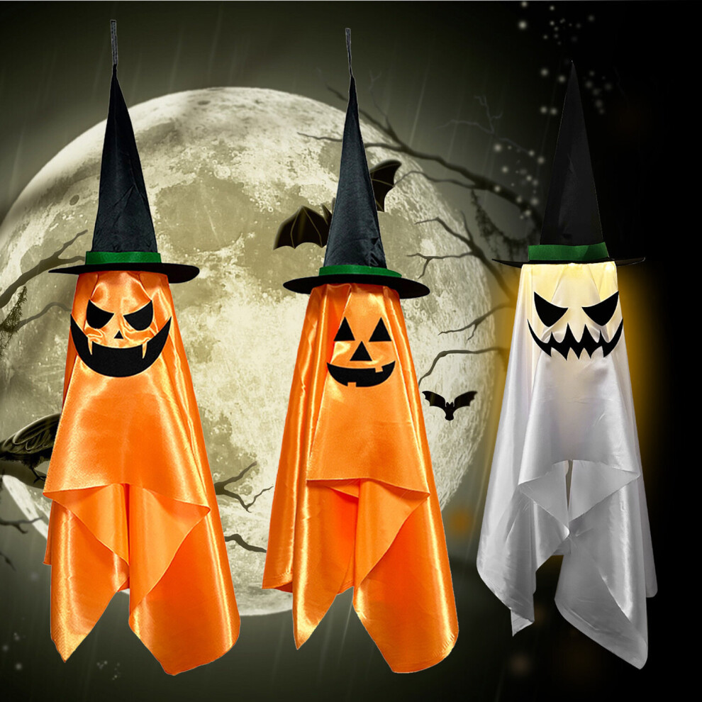 (3PCS) Hanging Pumpkin Wizard Hat With lights Ghost Witch Hat  Hanging Halloween Ornaments Decor for Home Party Garden Indoor Outdoor