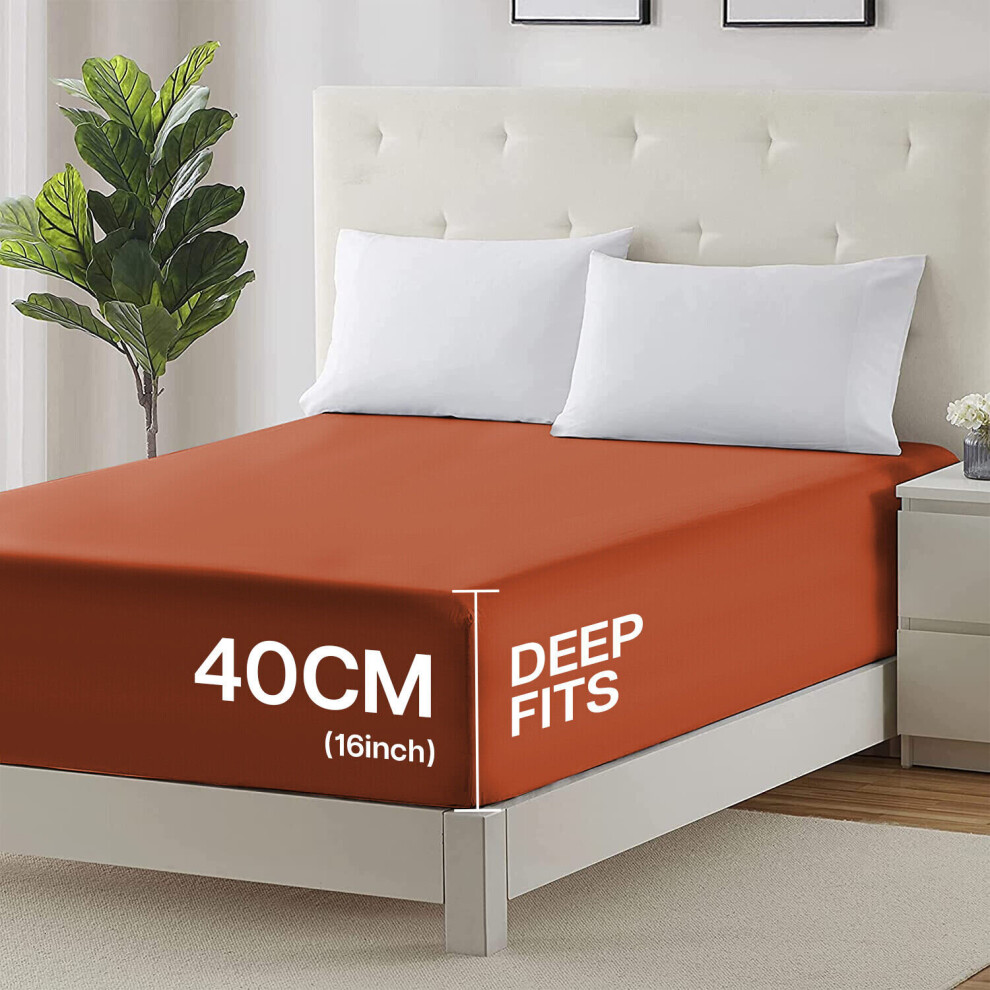 (Rust Orange, Super King(40CM):180 x 200 CM) Bed Sheets Bed Fitted Sheets Extra Deep 25CM/40CM Fitted Sheets