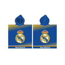 Real Madrid 100% Cotton Hooded Towel Poncho for Kids - Official Crest, Blue with Yellow, 55x110 cm