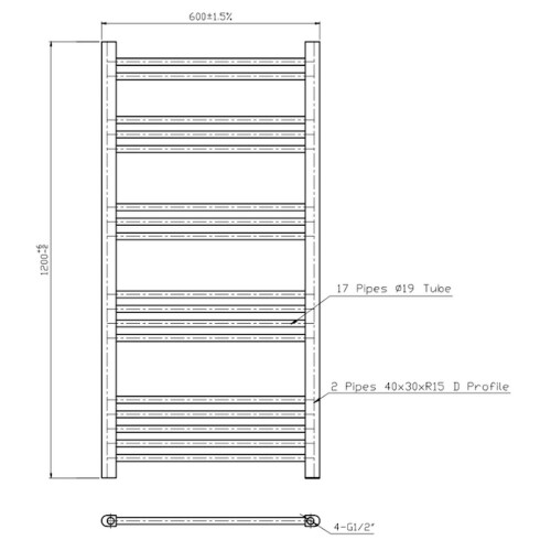 DuraTherm Heated Towel Rail Matt Black 1200 x 600mm Flat 2