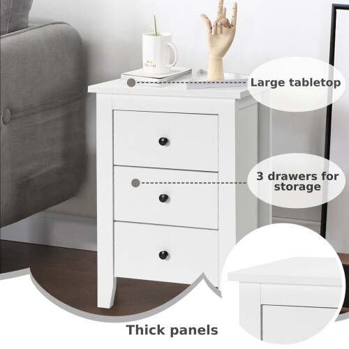 Costway 3 Drawers Bedside Table Wooden Nightstand Multi-Functional End Table 2