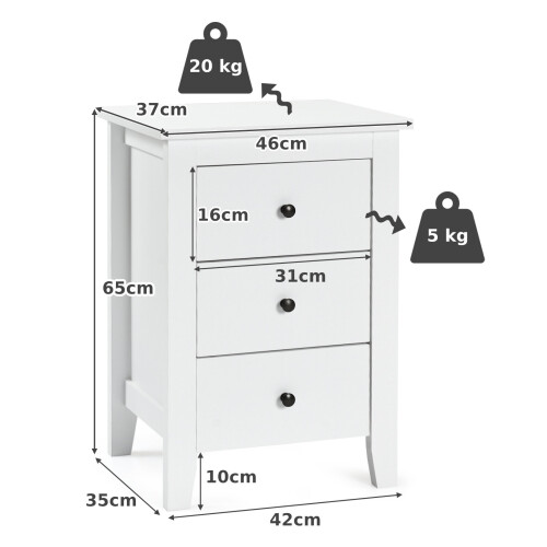 Costway 3 Drawers Bedside Table Wooden Nightstand Multi-Functional End Table 1