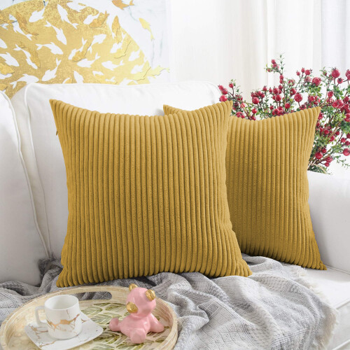 (Pack of 2, Ochre Yellow) Stripe Velvet Cushion Covers 50x50cm Premium Hidden Zip Pillow Covers