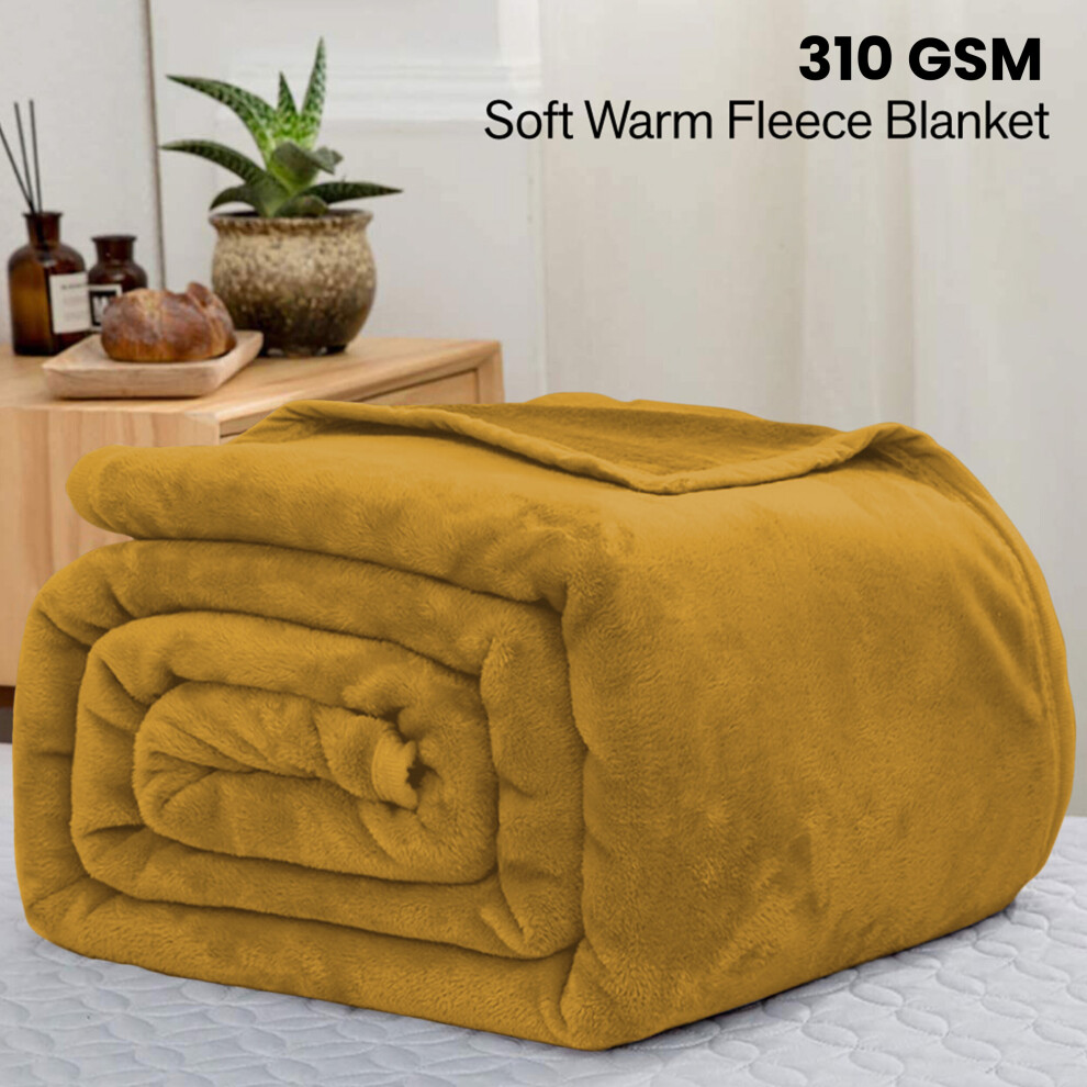 (Double, Ochre/ Yellow Blanket) Fleece Blankets Throw Thick Warm Super Soft Bed Sofa Travel Large Faux Fur Mink Blanket Double & King