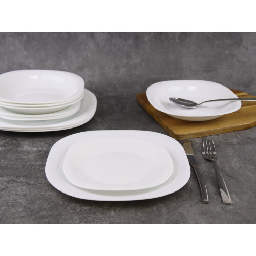 (Hudson - Square, 12 piece) 12/24 White Glass Dinner Set Small Plate Soup Bowl