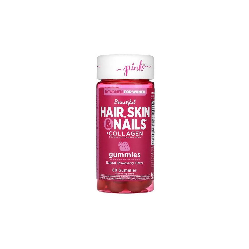 Pink Beautiful Hair Skin & Nails + Collagen, Strawberry, 60 Gummies