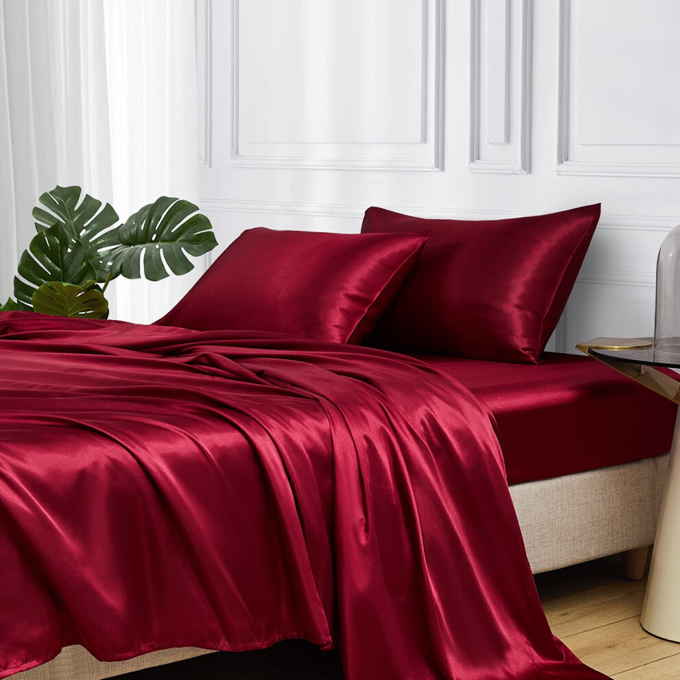 Parure de lit MR&HM en satin, 4 pi   ces, draps de lit Queen Size, soyeux, avec poche profonde de 38 cm pour matelas (Queen Bordeaux)