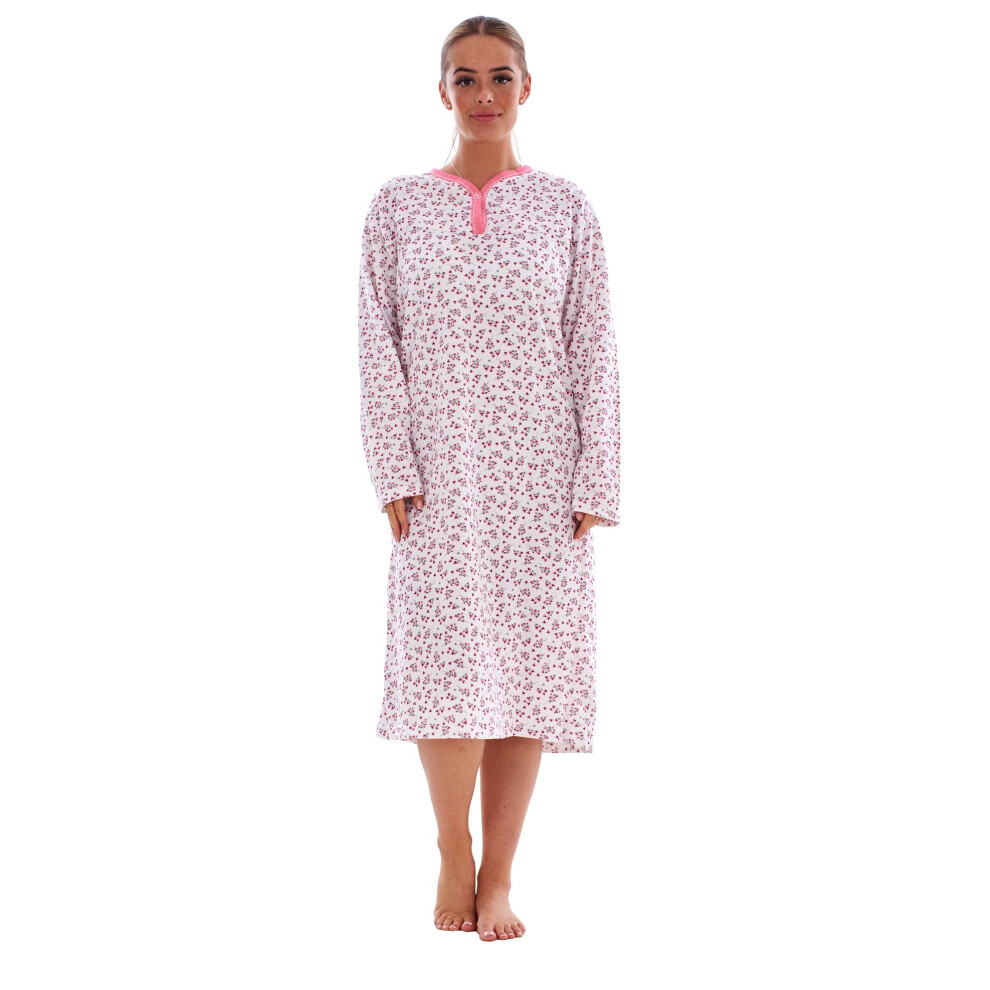 (Pink, XXL) Malay Women Fleece Nightdress Long Sleeve V Neck Floral Print Warm Thermal Nightwear