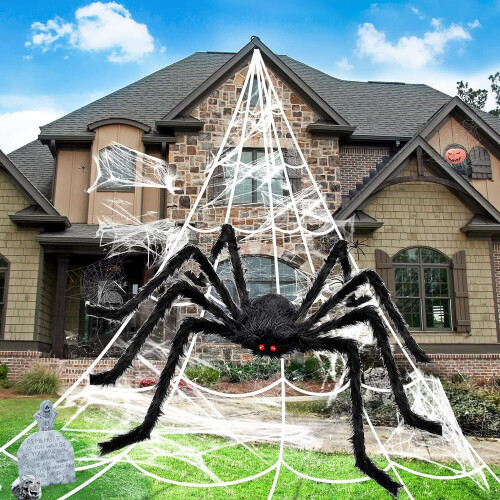 BOSONER Halloween Decorations 1pcs 50 Inch Giant Spider + 200 Triangular Spider Web W/ Hook Halloween Decor Haunted House Props