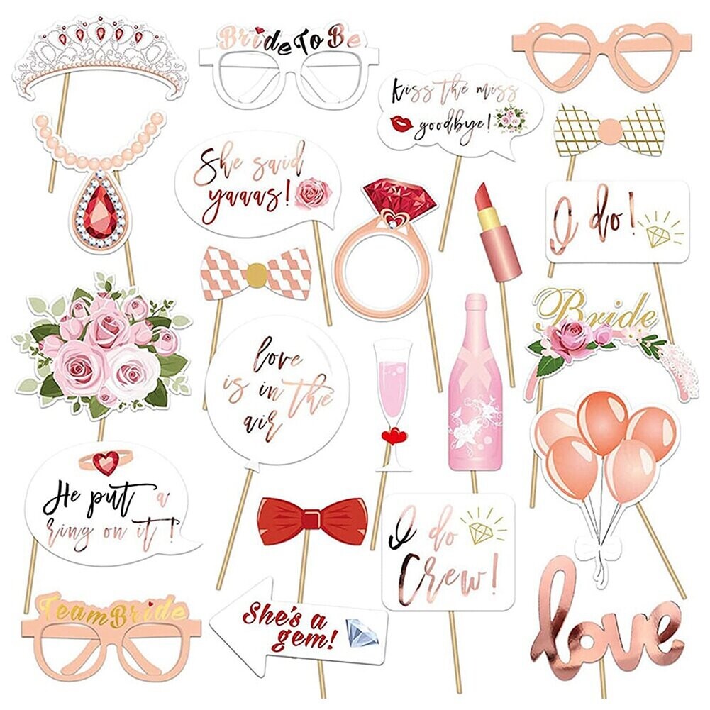Wedding Photo Props Rose Gold,23 Pcs Hen Party Photo Booth Props,Team