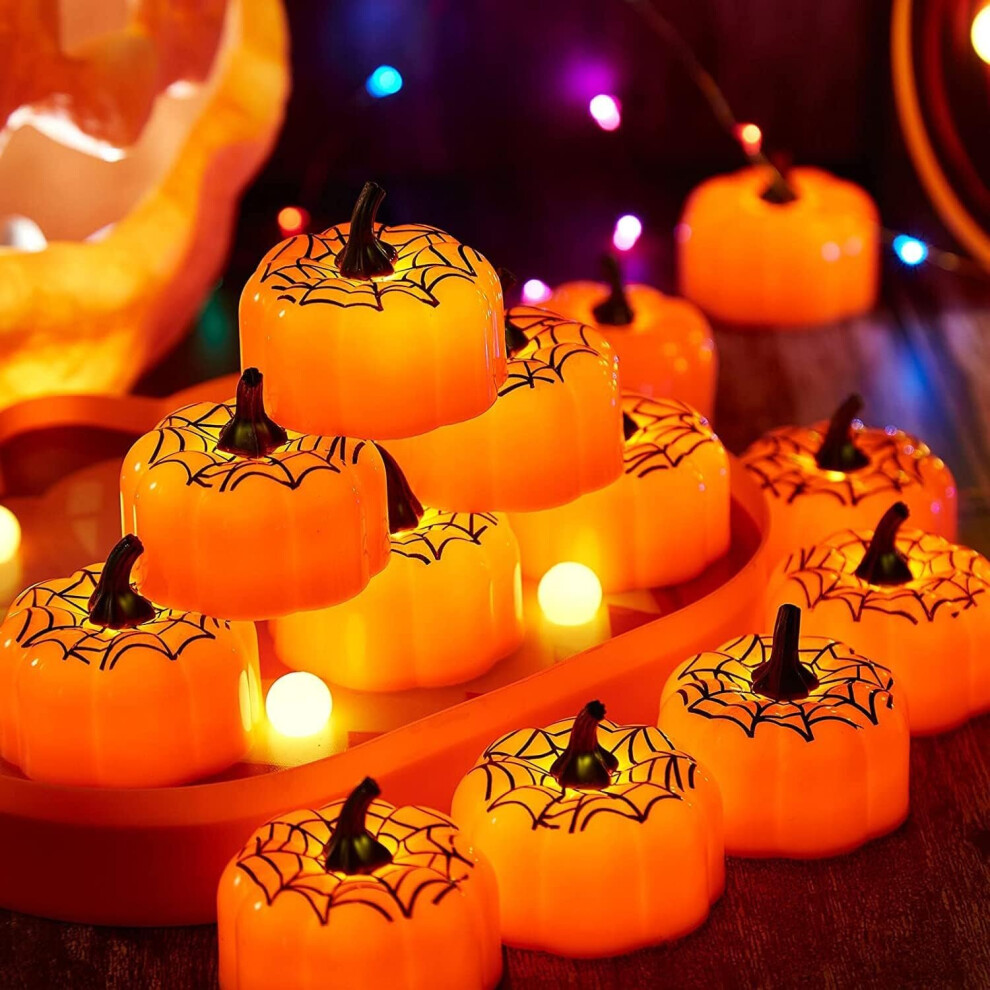 IMAGE Halloween Pumpkin Tea Lights 12pcs LED Pumpkin Candles Flickering Mini Orange Decorative Tealight for Halloween Party Outdoor