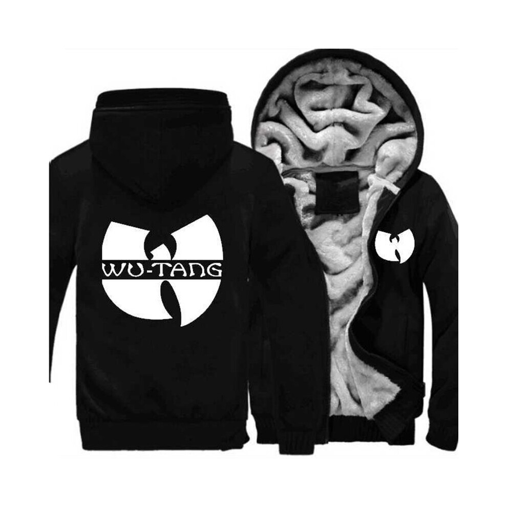 (Black, M) Unisex Wutang Print Winter Hoodie Zipper Thicken Coat Fleece Jacket Sweatshirt