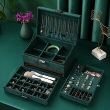 3-Tier Dark Green Velvet Jewellery Box with Lock