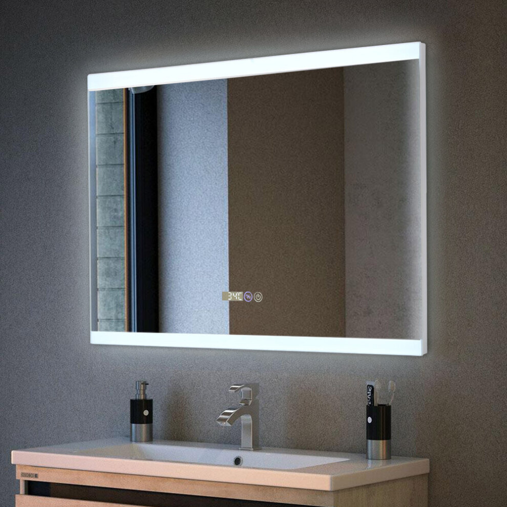 Rectangular Frameless Anti-Fog LED Vanity Mirror with Clock