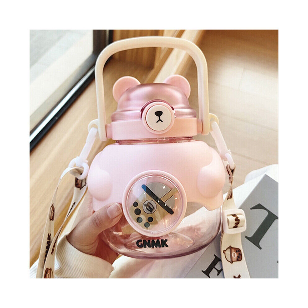 ( Pink) Kawaii Bear Water Bottle With Straw Shoulder Strap Cute Kids Bottles Cup 1100Ml Not,Specified Srj Star