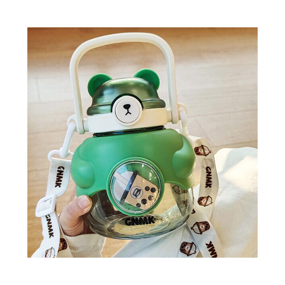 ( Green) Kawaii Bear Water Bottle With Straw Shoulder Strap Cute Kids Bottles Cup 1100Ml Not,Specified Srj Star