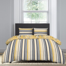 (Ochre Blossom Stripe) Luxury Reversible Floral Duvet Quilted Cover Bedding Set Double