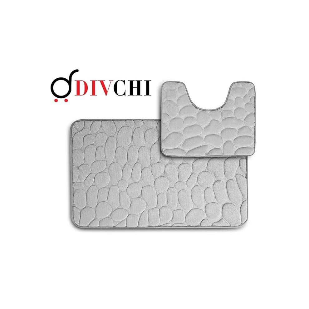 (GREY) 2 Pieces Non - Slip Foam Bath Mat  and Toilet Mat