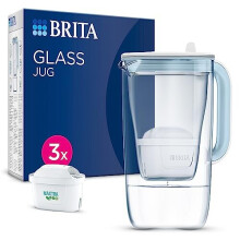 BRITA Glass Water Filter Jug Light Blue (2.5 L) Starter Pack incl. 3x MAXTRA PRO All-in-1 Cartridge-Premium Glass Design Jug
