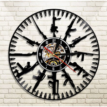 (With LED) Home Black Gum Clock Military Gun Pattern Vinyl Record Wall Clock Art Decor Clock