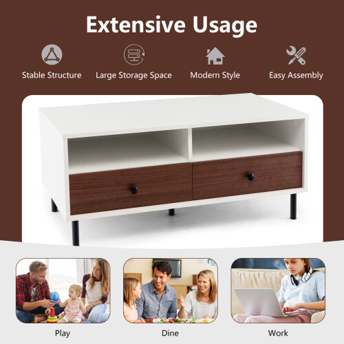 Costway Coffee Table Rectangular Sofa Side Table W/2 Drawers & 2 Storage Shelf 2