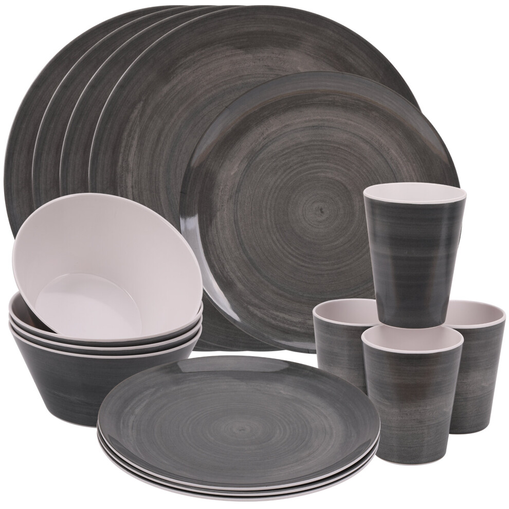 (Black Swirl Design) 16pcs Melamine Dinner Set Plates, Dessert Plates, Bowls & Cups Party Service for 4 People Dinnerware for Indoor Outdoor, Picnic,