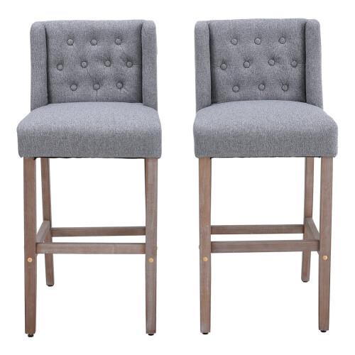 Living And Home (Light Grey) Rustic Set of 2 Bar Stools Linen Tufted with Wood Legs 1
