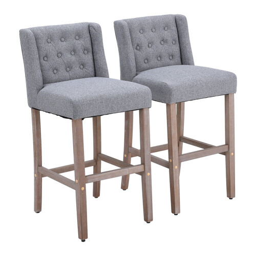 Living And Home (Light Grey) Rustic Set of 2 Bar Stools Linen Tufted with Wood Legs