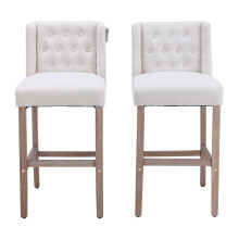 (Beige) Rustic Set of 2 Bar Stools Linen Tufted with Wood Legs