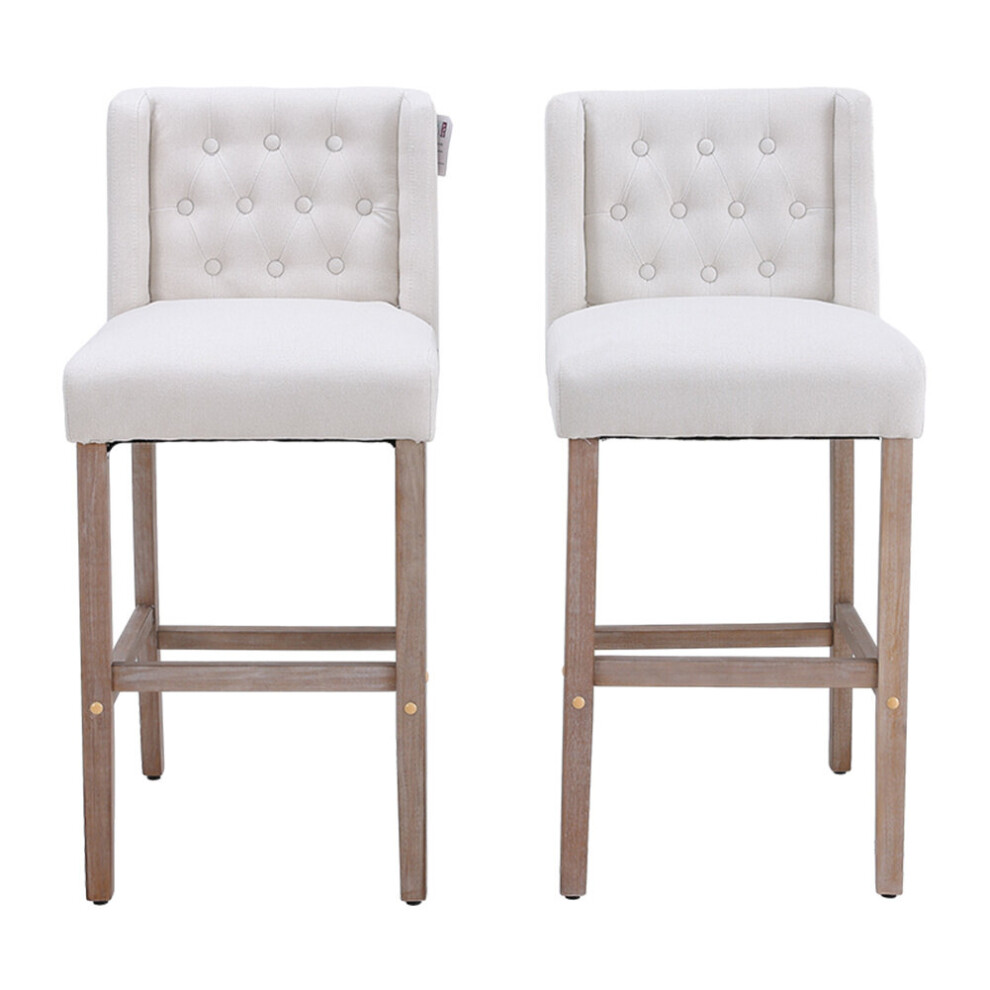 (Beige) Rustic Set of 2 Bar Stools Linen Tufted with Wood Legs