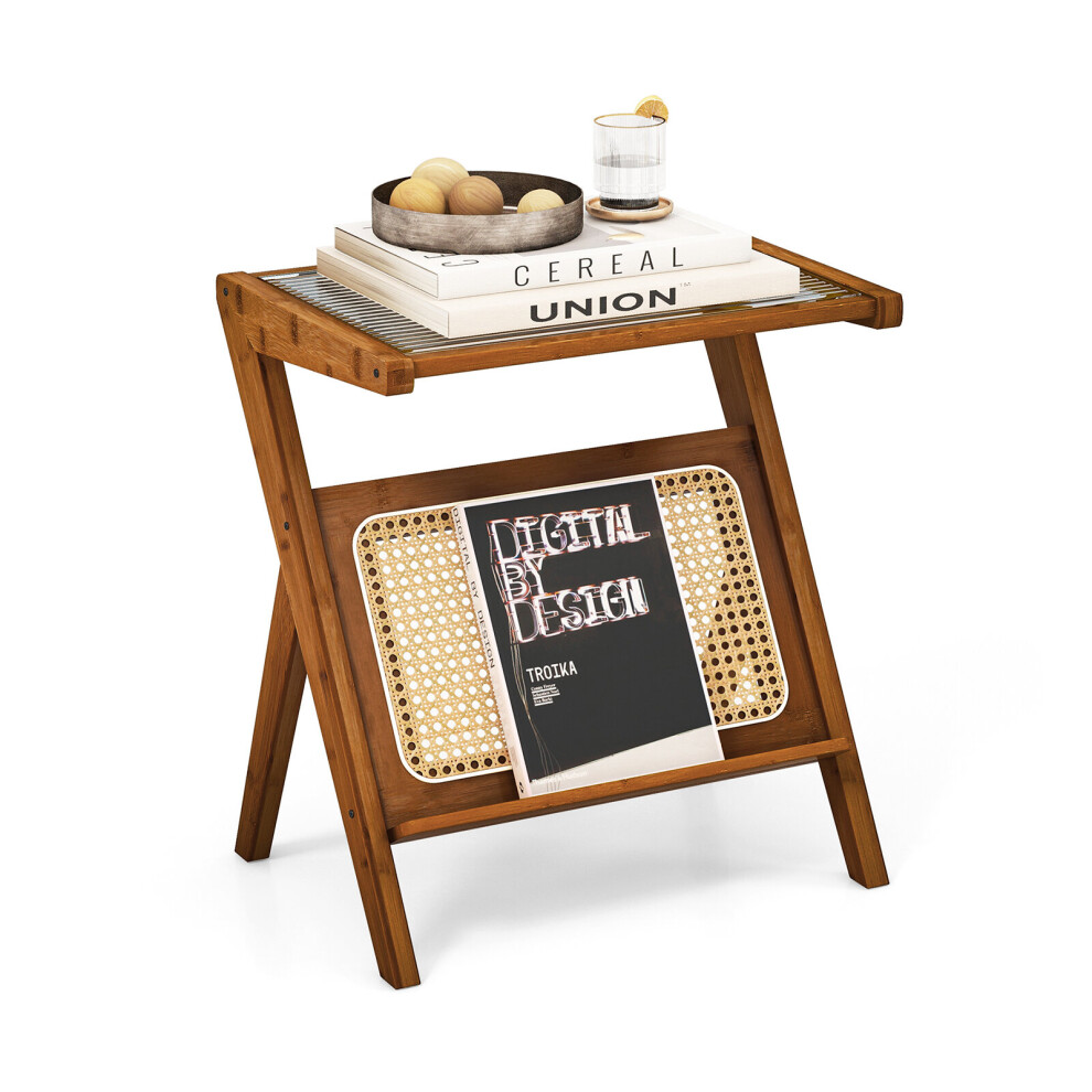Boho Z-shaped Bedside Table Sofa End w/ Stylish Glass Top &Rattan Rack
