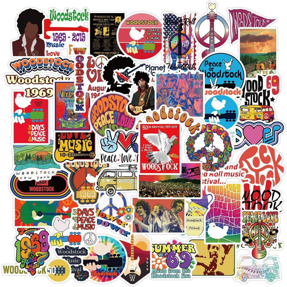 Woodstock Festival Stickers -50 Pcs Cartoon Waterproof Decals DIY for Party Supplies PVC Decoration for Laptop Guitar Gift to Teens Familys Friends