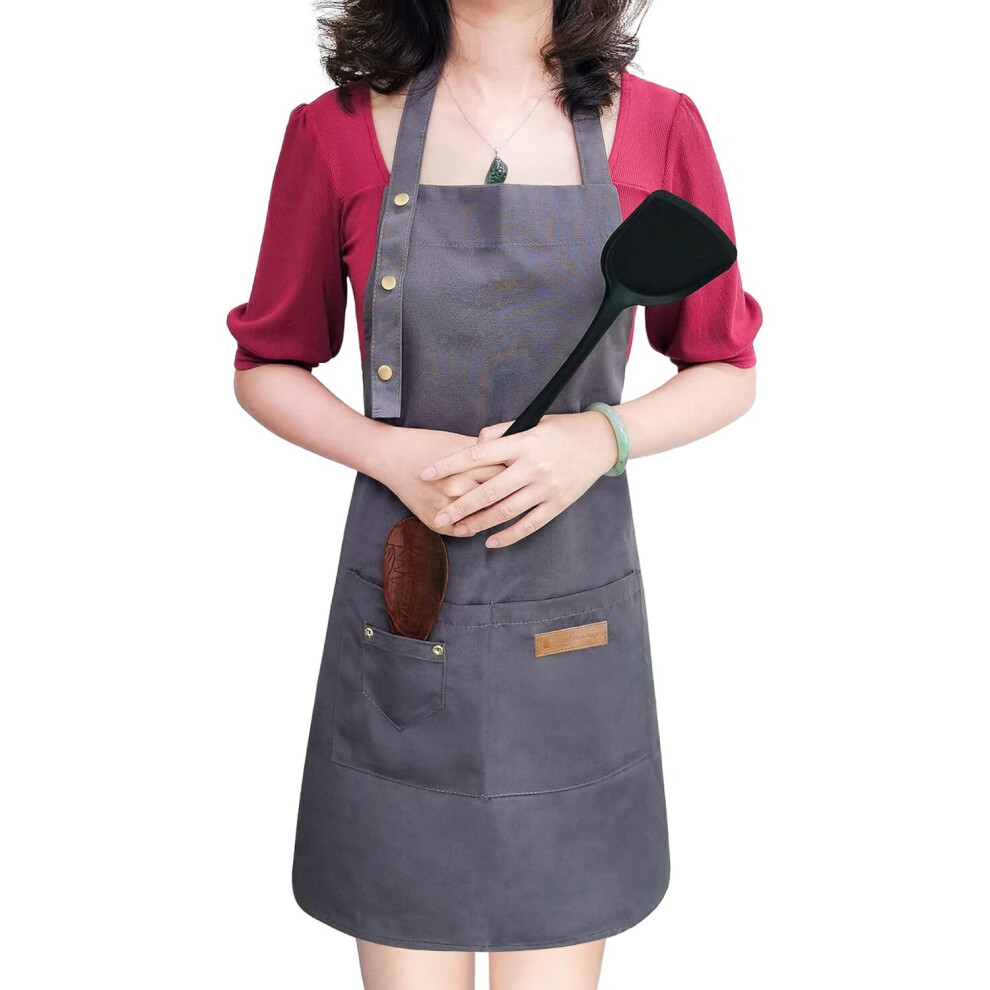 Apron for Men Women with Adjustable Straps and Large Pockets, Canvas Cotton Cooking Kitchen Chef Bib Aprons Waterproof Grey