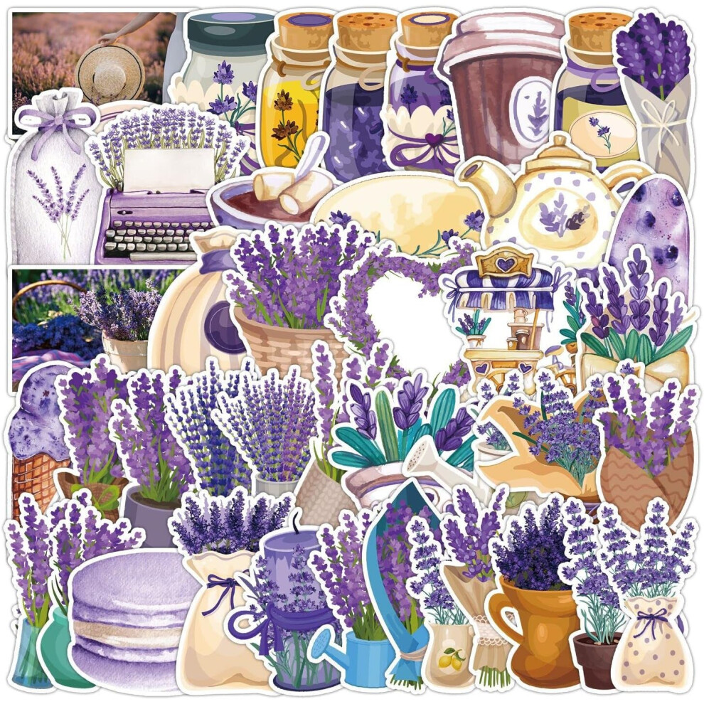 Flowers Lavender Stickers - 50 Pcs Cartoon Waterproof Decals DIY for Party Supplies PVC Decoration for Laptop Guitar Gift to Teens Familys Friends