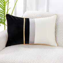 Patchwork Black Silk-Like Velvet Throw Pillow Cover with Gold Striped Leather Cushion Case Modern Luxury Lumbar Pillows for Sofa Bedroom,12x20''