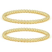 Gold Beaded Stackable Bracelets for Women 14K Gold Plated Bead Ball Bracelet Stretch Handmade Cute Round Beads Dainty Bracelet for Teen Girls