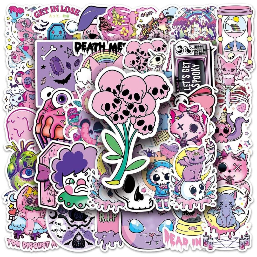 50 Personalized Pink Gothic Skull Graffiti Vinyl Waterproof Stickers for Laptops, Mobile Phones, Skateboards, Luggage Cases, Water Bottles