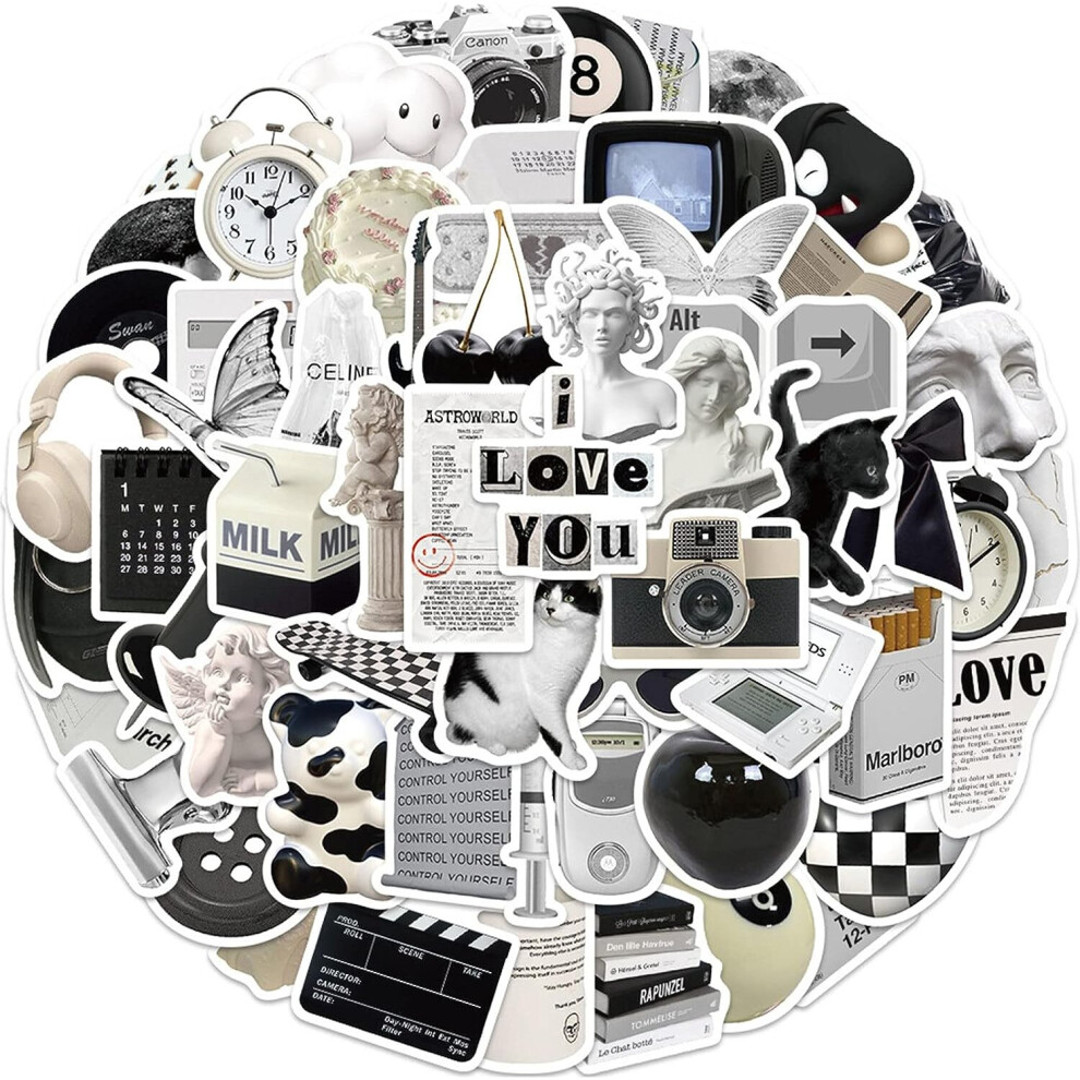 Aesthetic VSCO Stickers for Water Bottles,Black and White Simple Vinyl Sticker for Laptop,61Pcs DIY Decorate Skateboard Computer Phone